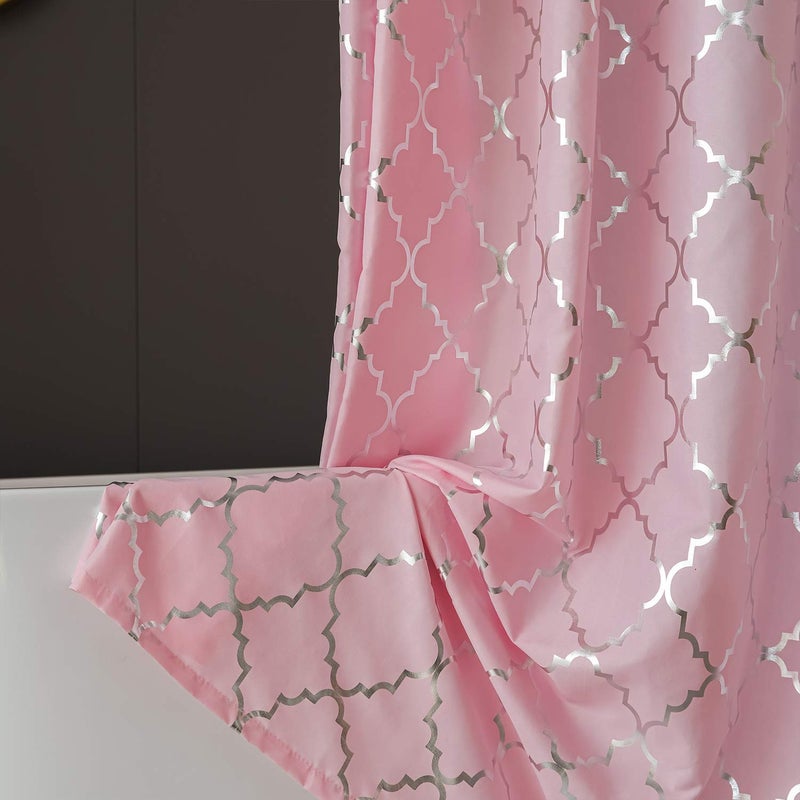 FINECITY Pink Shower Curtain 72 Inch Length - Metallic Silver Foil Geometric Moroccan Tile Printed on Soft Sanded Fabric, Grommet Shower Curtain Set with 12 Hooks, 72 x 72 Inch, Pink and Silver - Image 5